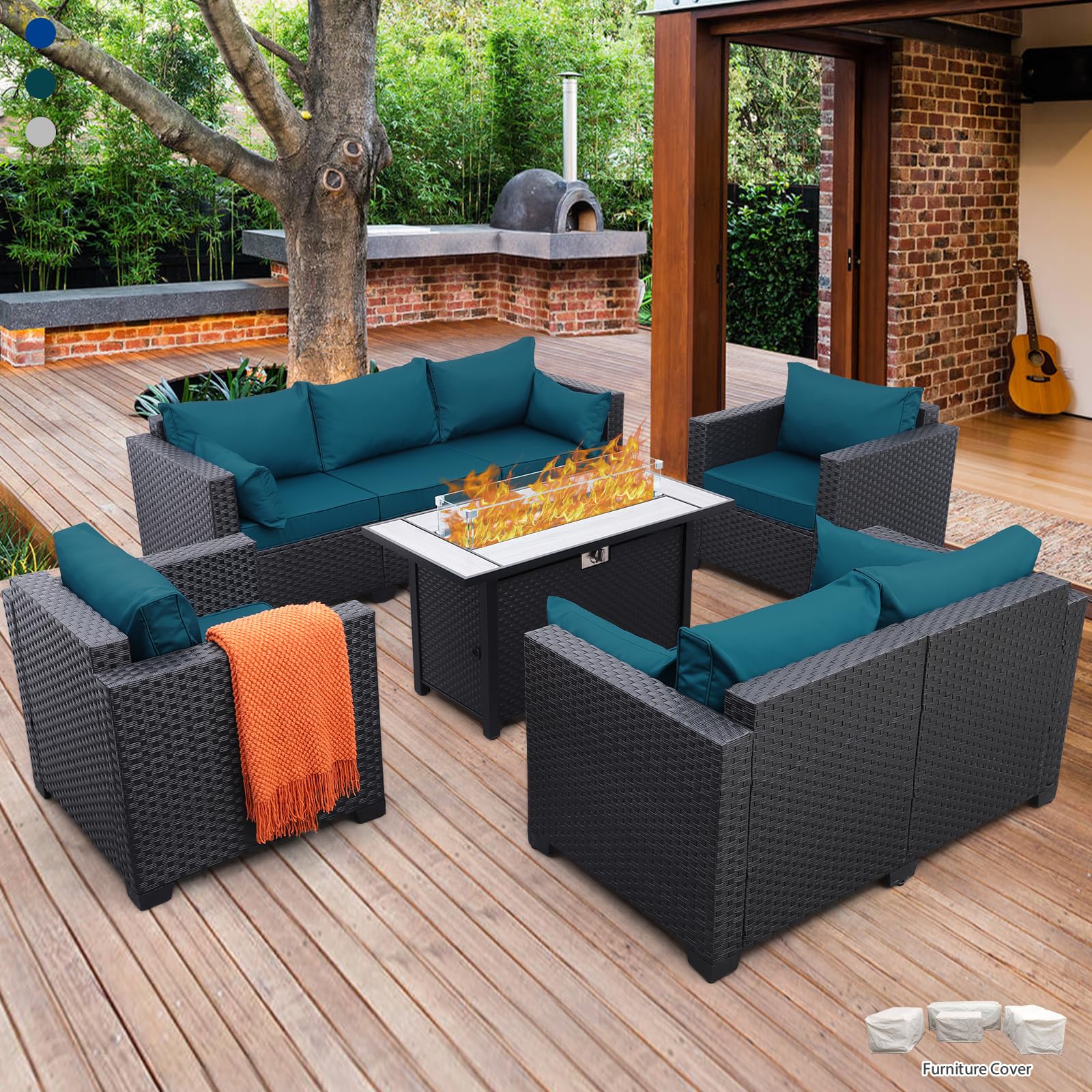 **Rattan Patio Furniture Set with 45-Inch Fire Pit – 5-Piece Outdoor Sectional Sofa, Chairs & 60,000 BTU Steel Propane Fire Table – Waterproof Covers & Non-Slip Cushions (Peacock Blue) – Perfect for Backyard, Garden, or Poolside Relaxation**