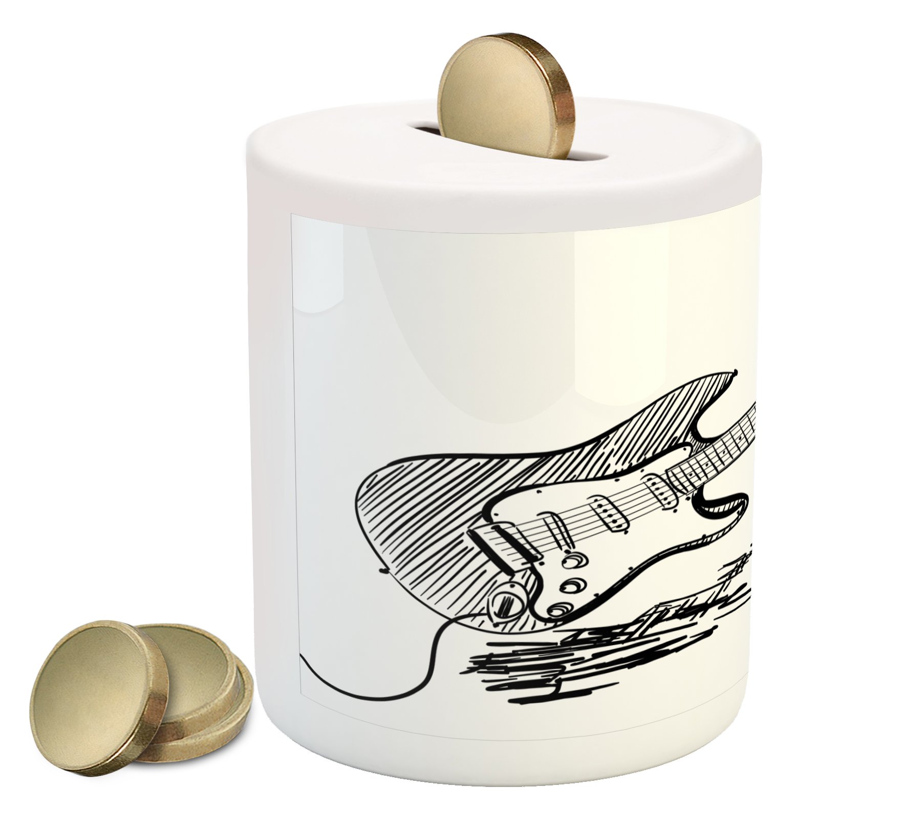 Ambesonne Ceramic Guitar Piggy Bank - Hand Drawn Electric Guitar Design, White & Black Rock Music Sketch Art Coin Bank for Cash Savings | Perfect Gift for Musicians, Music Lovers, and Collectors (Great for Birthday, Christmas, and Home Decor)