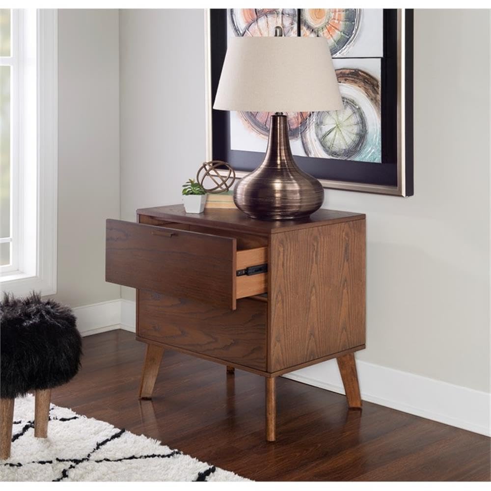 Linon Moore Nightstand with 2 Drawers, Tapered Legs - Medium Brown Wood Finish for Bedroom, Living Room, or Guest Room