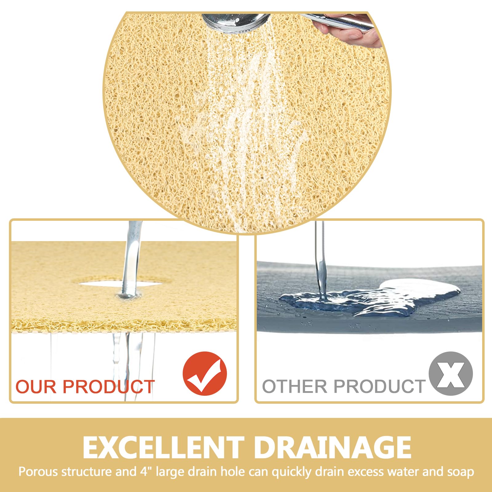 Non-Slip Square Shower Mat 27x27 Inch - Extra Large Loofah Bath Mat for Shower Stall with Drain Hole | Anti-Slip Bathroom Floor Mat for Safety & Comfort | Perfect for Tile, Bathtub & Standing Showers