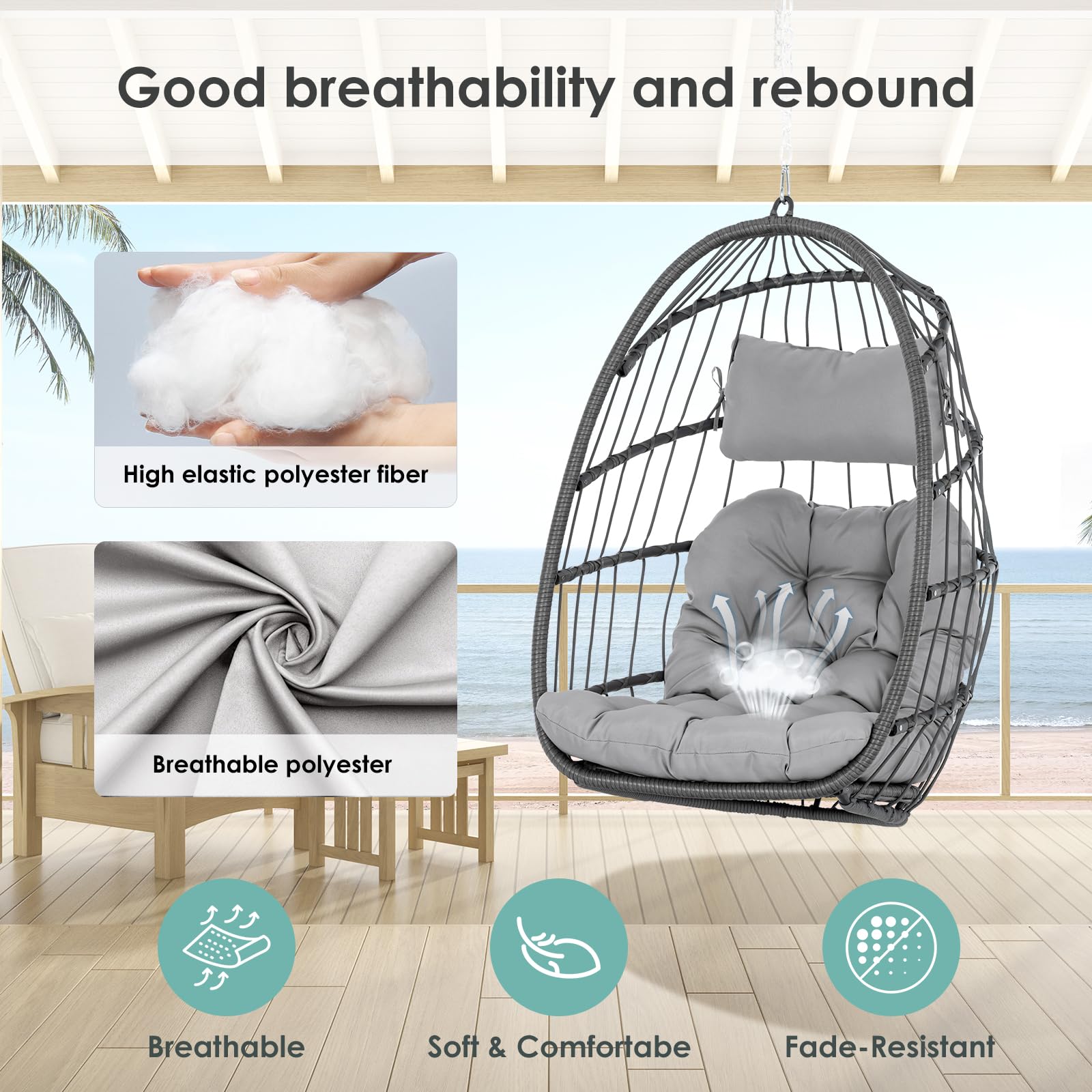 Foldable Hanging Egg Chair - Indoor/Outdoor Wicker Rattan Swing Chair with UV Resistant Cushions & Aluminum Frame - Hammock Chair for Bedroom, Patio, Camping, Garden Relaxation (Grey)
