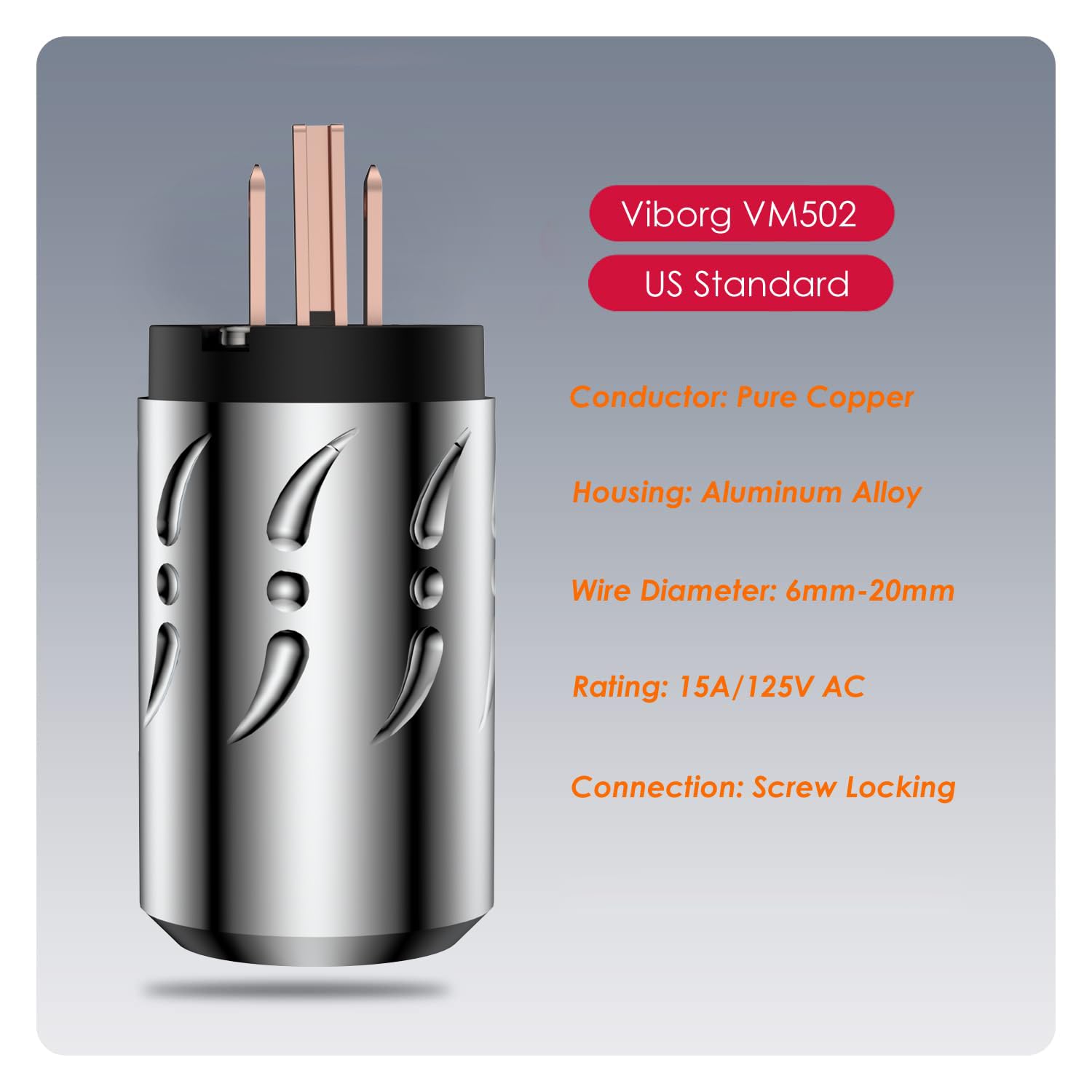 Premium Viborg HiFi Power Plug VM502+VF502 - Pure Copper Non-Magnetic AC Mains Plug with Aluminum Alloy & Set Screws - Audiophile-Grade US Power Plug & IEC C15 Connector for DIY Power Cables - Perfect for Home Theater Systems & High-End Audio Setups