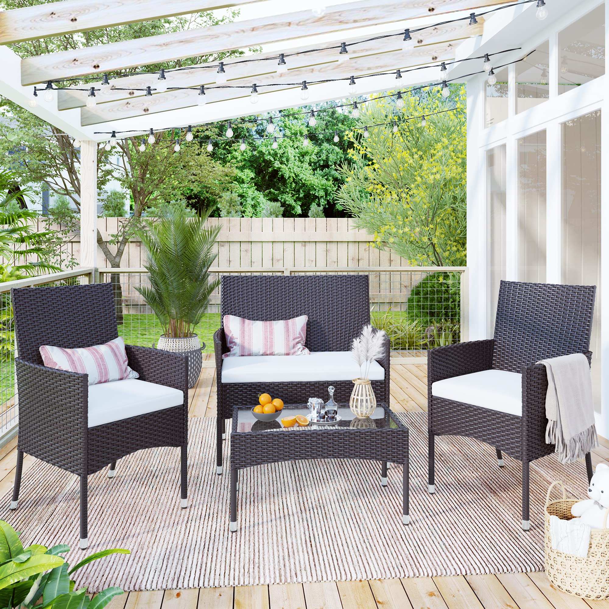 4-Piece Outdoor Wicker Rattan Patio Furniture Set with White Cushions - Perfect for Backyard, Garden, Balcony, Porch & Poolside Relaxation | Weather-Resistant & Comfortable Seating Solution