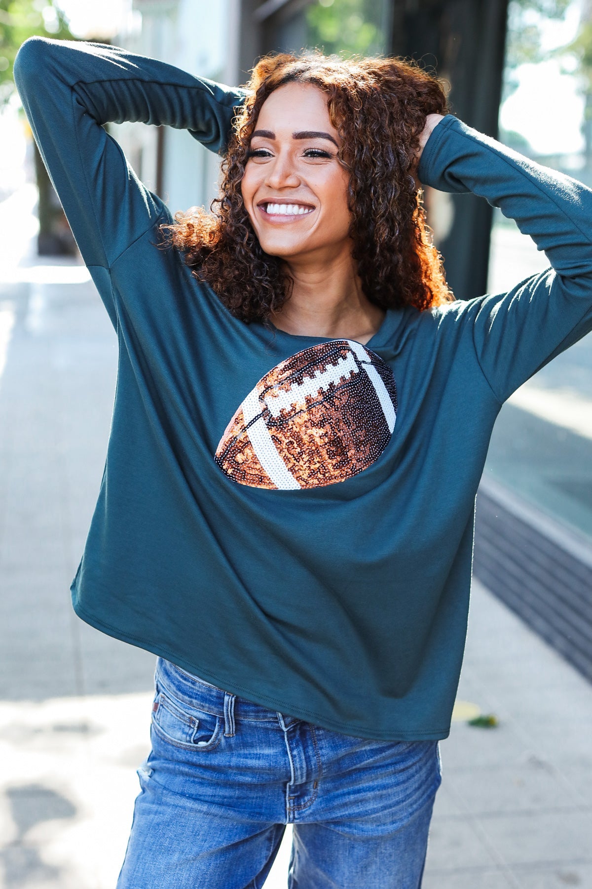 Game Day Forest Green Sequin Football Patch Terry Top - Sparkling Football Jersey for Women's Sports & Party Outfits
