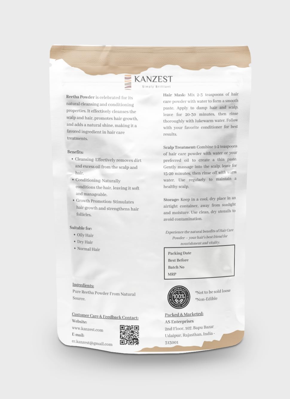 KANZEST 100% Natural Aritha Powder for Hair Growth & Hair Mask | Allergen-Free Ayurvedic Hair Care Treatment with Silicon Brush | 198g Moisture-Lock Zipper Pouch | Perfect for DIY Hair Masks & Scalp Treatments at Home