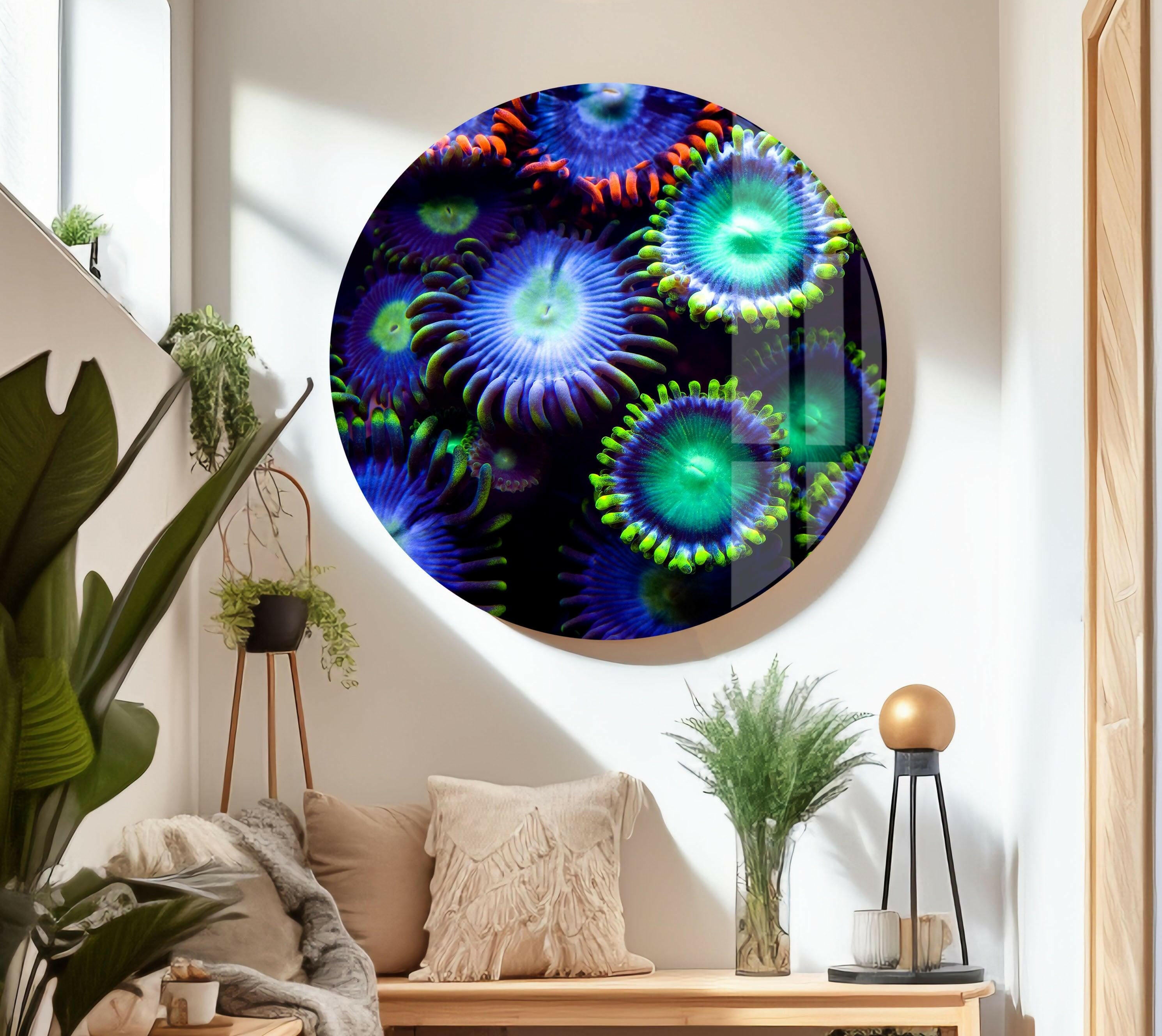 Bioluminescent Coral Bloom Glass Wall Art - Stunning Underwater Glow Decor for Living Room, Bedroom & Office