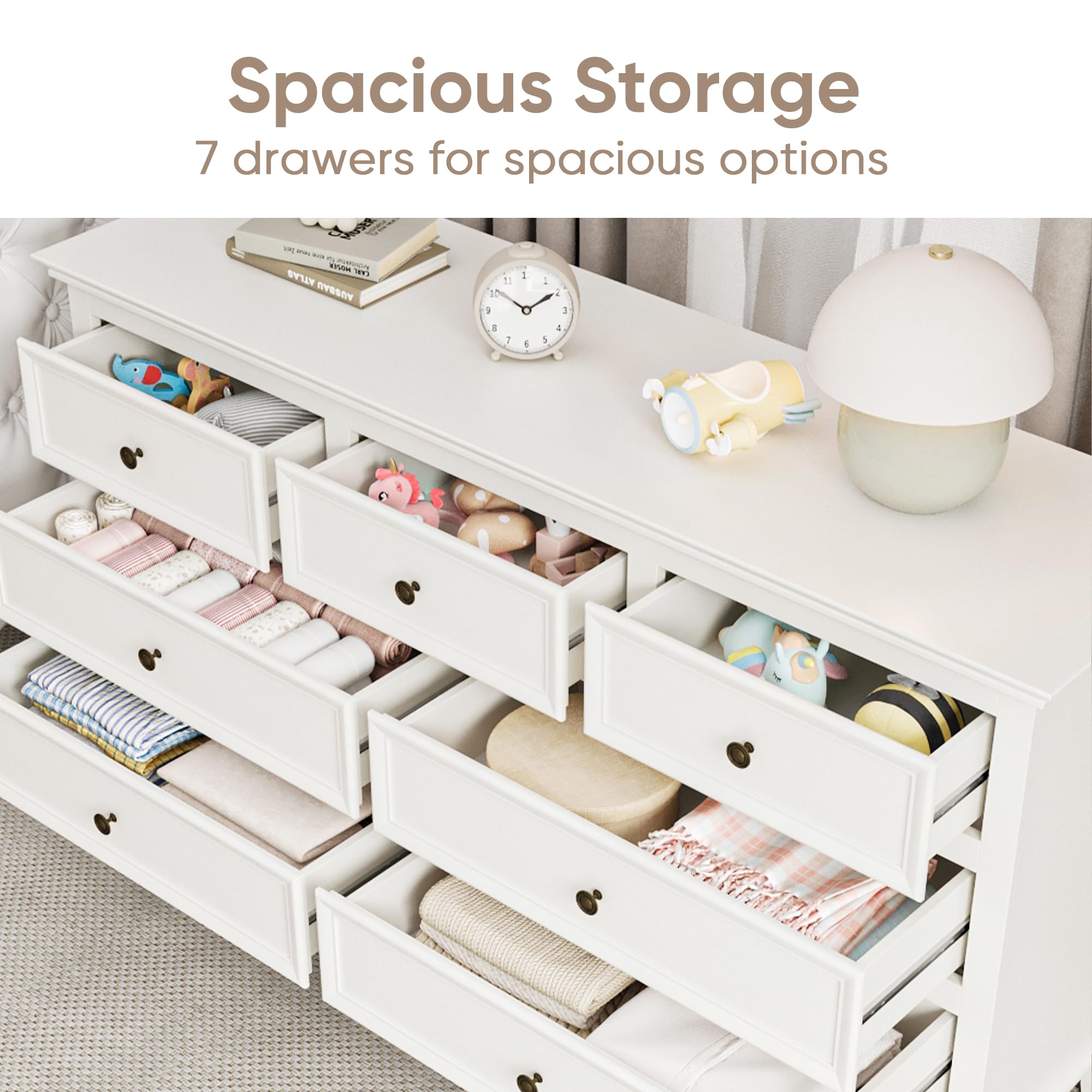 RoyalCraft White 7-Drawer Dresser for Bedroom - Modern Wooden Chest of Drawers with Solid Wood Legs & Painted Finish - Storage Cabinet Organizer for Clothes, Bedding, Accessories - Perfect for Bedroom, Living Room & Hallway Organization