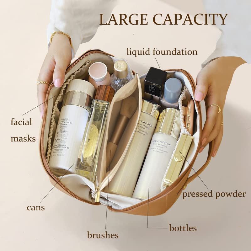 Luxury Waterproof PU Leather Makeup Bag with Handle & Divider - Travel Cosmetic Organizer for Women, Portable Flat Lay Makeup Pouch (Brown) | Perfect for Travel, Gym, and Everyday Use