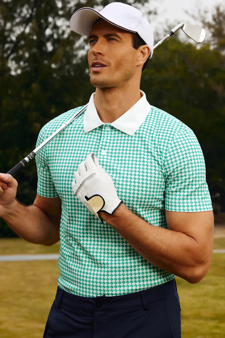 Men's Stretch Golf Polo Shirt - Performance Short Sleeve Pullover with Argyle Design for Comfort & Mobility | Perfect for Golf Courses, Casual Wear & Outdoor Activities