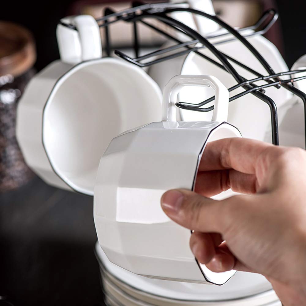 Premium 7 oz Porcelain Cappuccino Cups and Saucers Set of 6 - Elegant White with Black Trim for Specialty Coffee Drinks, Latte, Americano & Tea - Perfect for Home Cafes, Coffee Shops & Gifts