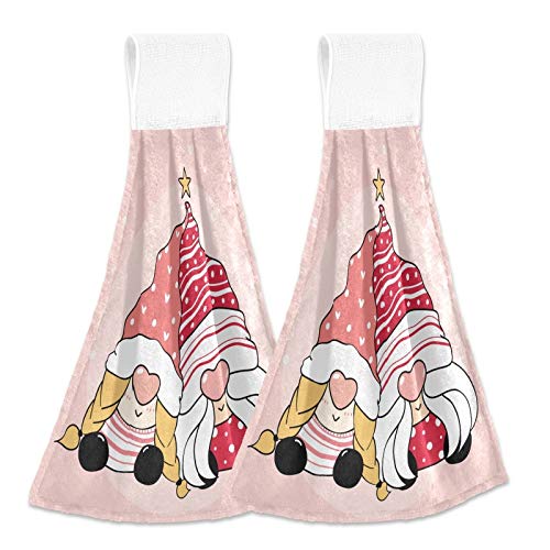 Valentine's Day Gnome Kitchen Hand Towels - 2PCS Pink Hanging Dishcloths with Loop, Soft Super Absorbent Fingertip Towels for Bathroom, Washroom, Guestroom & Hotel (12x17 inches) - Perfect for Valentine's Decor, Wedding Gifts & Kitchen Accessories