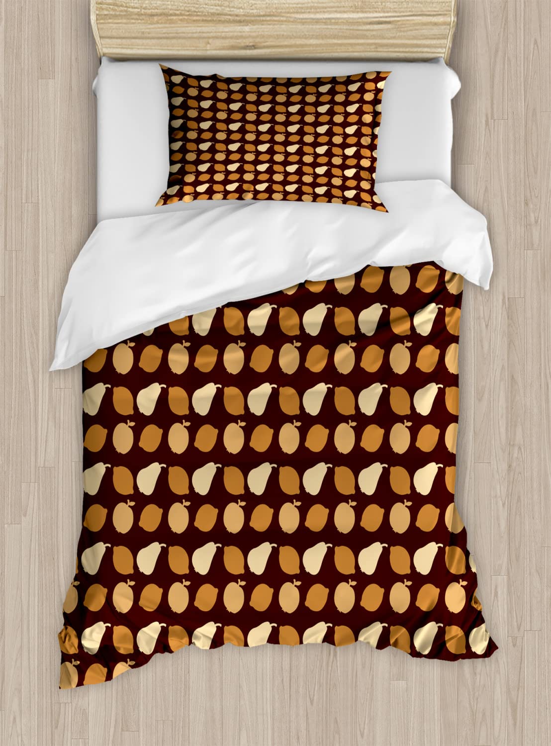 Ambesonne Fruits Duvet Cover Set - Queen Size 2-Piece Bedding with Lemon Pear Apple Design | Earth-Toned Summer Theme | Includes 2 Duvet Covers & 2 Pillowcases in Brown/Ginger | Perfect for Guest Rooms, Vacation Homes & Cozy Bedroom Decor
