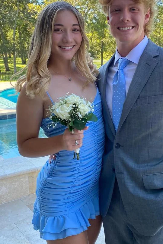 Elegant Blue Spaghetti Straps Ruffled Ruched Homecoming Dress J6986 - Perfect for Prom, Formal Dances & Special Occasions
