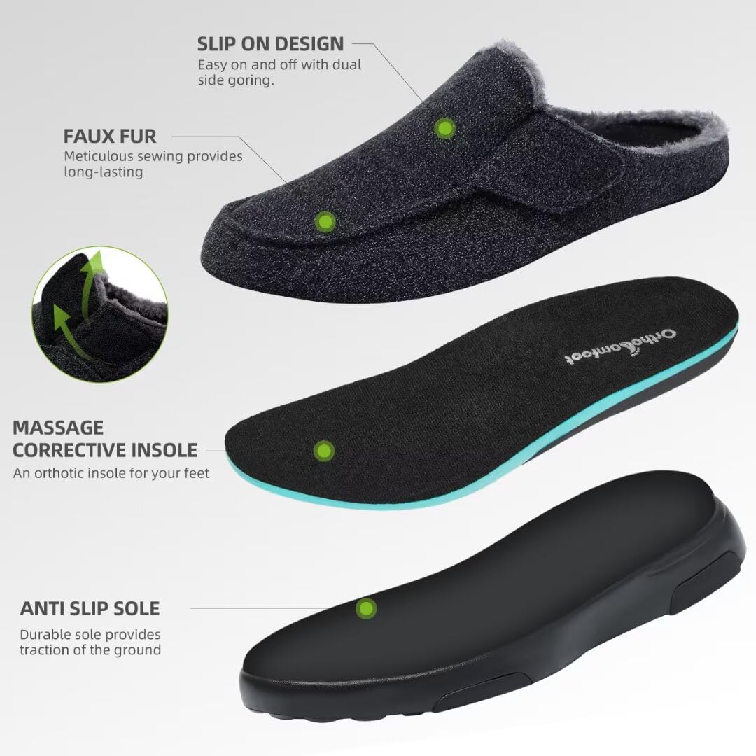 OrthoComfoot Men's Orthopedic Slippers with Arch Support - Plantar Fasciitis Relief House Shoes, Comfortable Slip-On Loafers & Moccasin Clogs for Indoor/Outdoor Use - Perfect for Home, Office & Relaxation