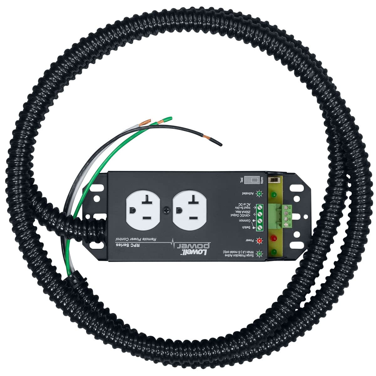 Lowell RPC-20-SHW 20A Remote Power Control Unit with Surge Protection - Hardwired Installation, 6ft Non-Metallic Conduit - Steel Chassis (Black) - Perfect for Server Rooms, Data Centers & AV Equipment Power Management