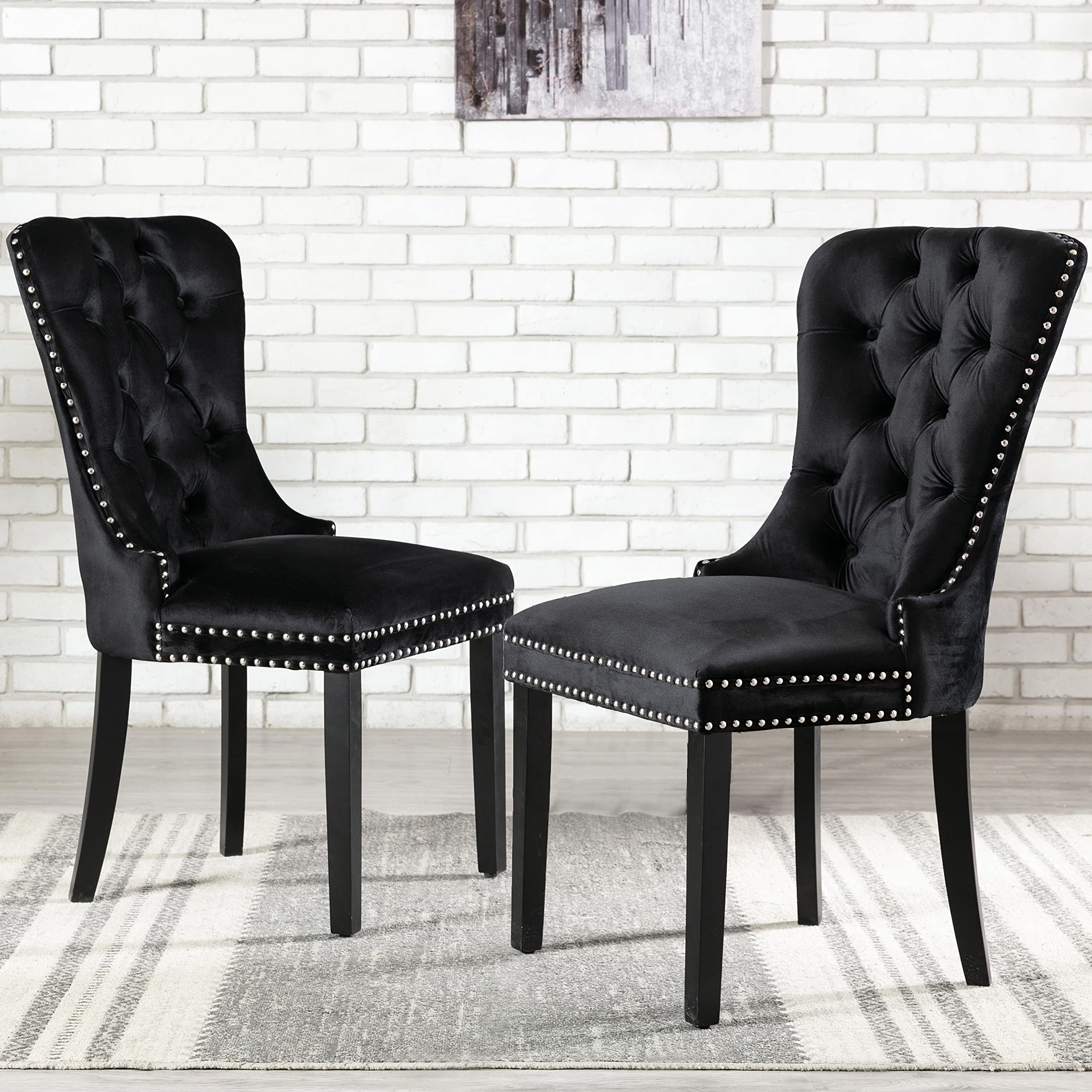 Velvet Upholstered Dining Chairs Set of 2 - Modern Tufted Armless Side Chairs with Nailhead Trim for Dining Room, Kitchen, Living Room - Elegant Black Accent Seating for Home Decor & Entertaining