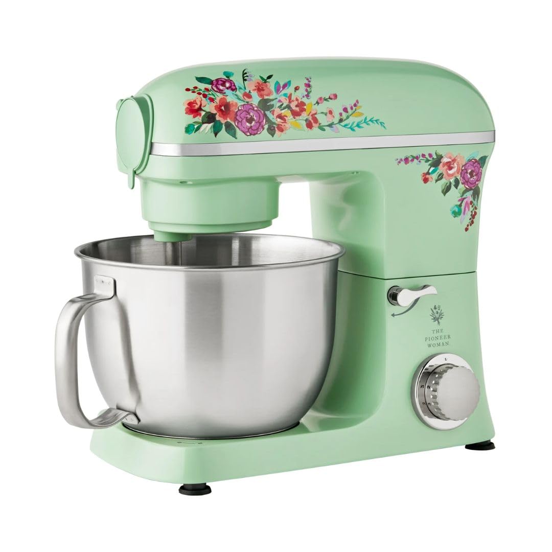 Pioneer Woman 5 Qt 600W 6-Speed Stand Mixer with Beater, Dough Hook & Whisk - Dishwasher Safe, Durable Die-Cast Metal Body - Perfect for Baking Cakes, Cookies & Bread at Home