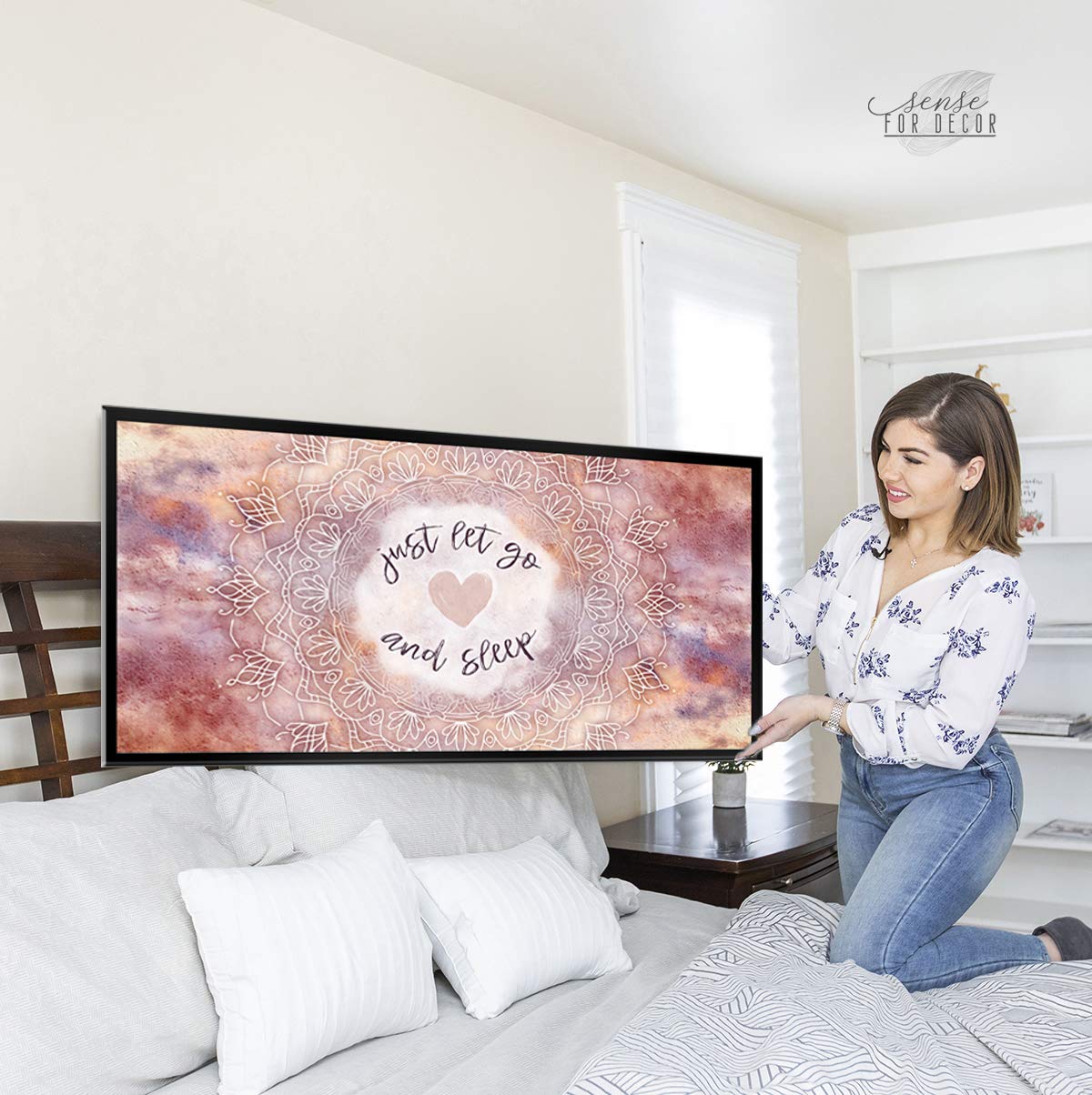 Boho Just Go And Sleep Large Canvas Wall Art - Bohemian Mandala Wall Decor for Master Bedroom, Above Bed Decor (Peach & Black Floating Frame 42x19) - Perfect for Home, Office & Meditation Spaces