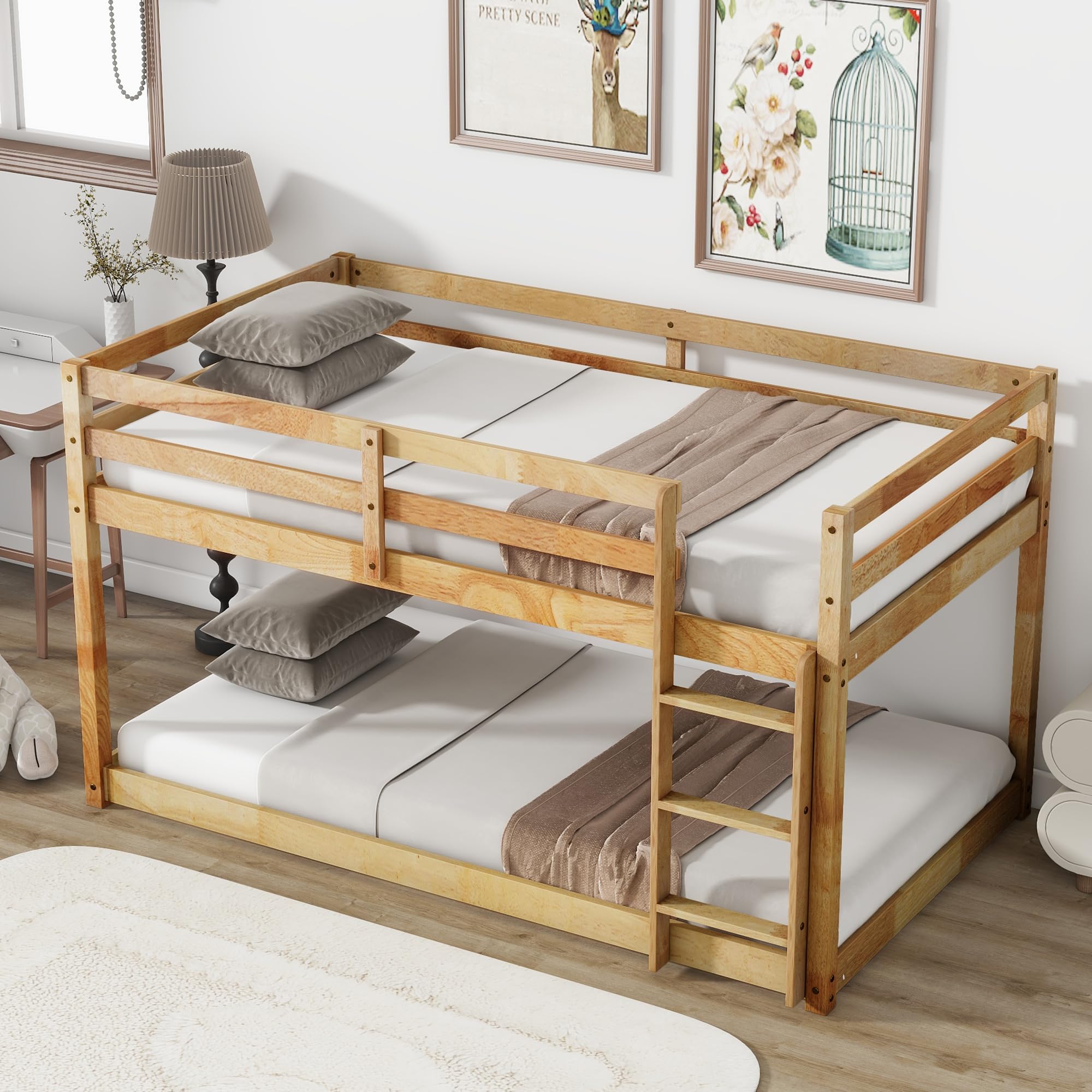 Twin Over Twin Wooden Bunk Bed - Low Profile Floor Bunk Bed with Safety Ladder & Guardrails for Kids | No Box Spring Needed | Perfect for Small Bedrooms, Kids' Rooms & Space-Saving Solutions