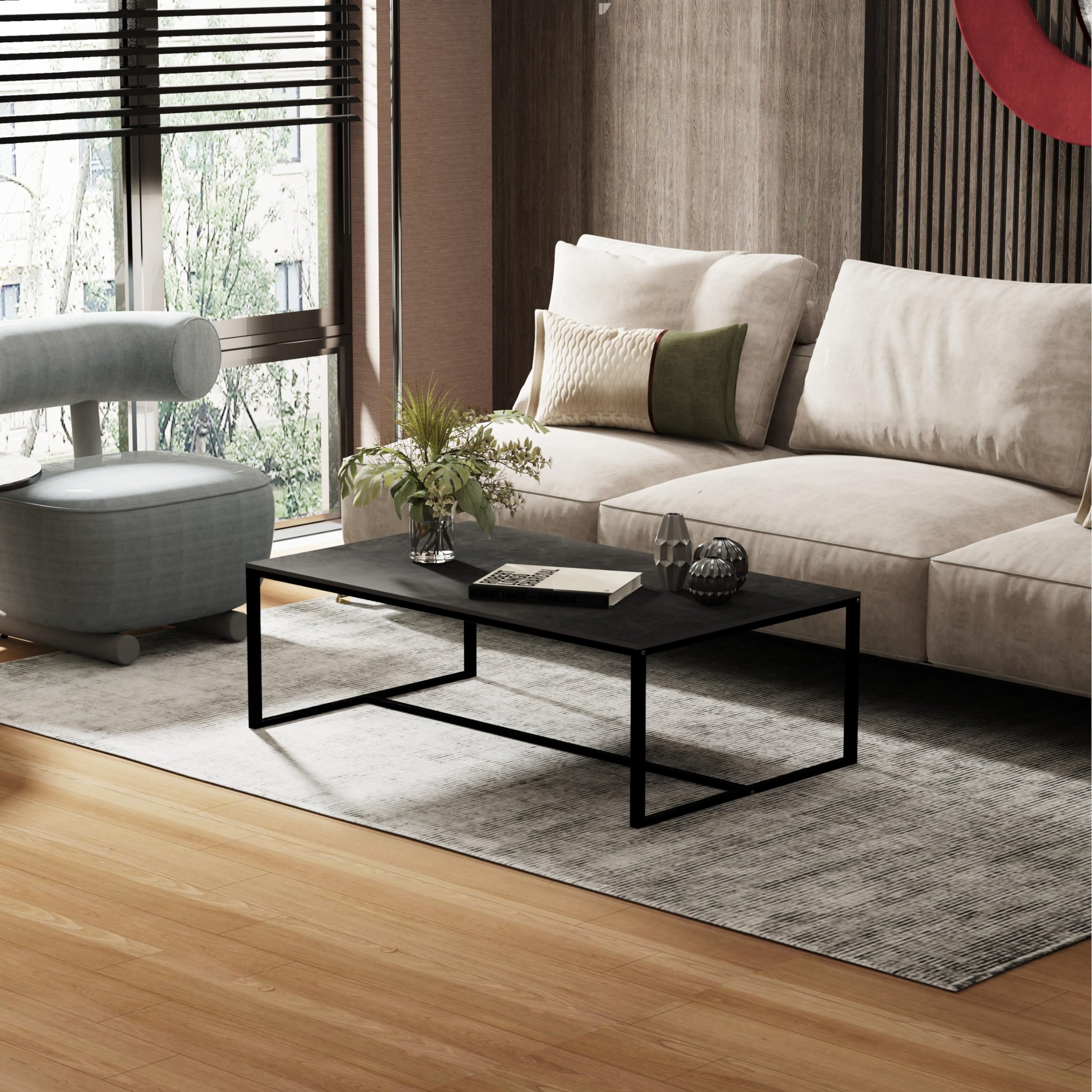 Wisfor Sintered Stone Coffee Table - Black Rectangular Sofa Center Table with Sturdy Metal Frame - Modern Living Room Furniture Decor (39.4x23.6x15.7 Inch) - Perfect for Small Spaces, Apartments & Cozy Home Gatherings