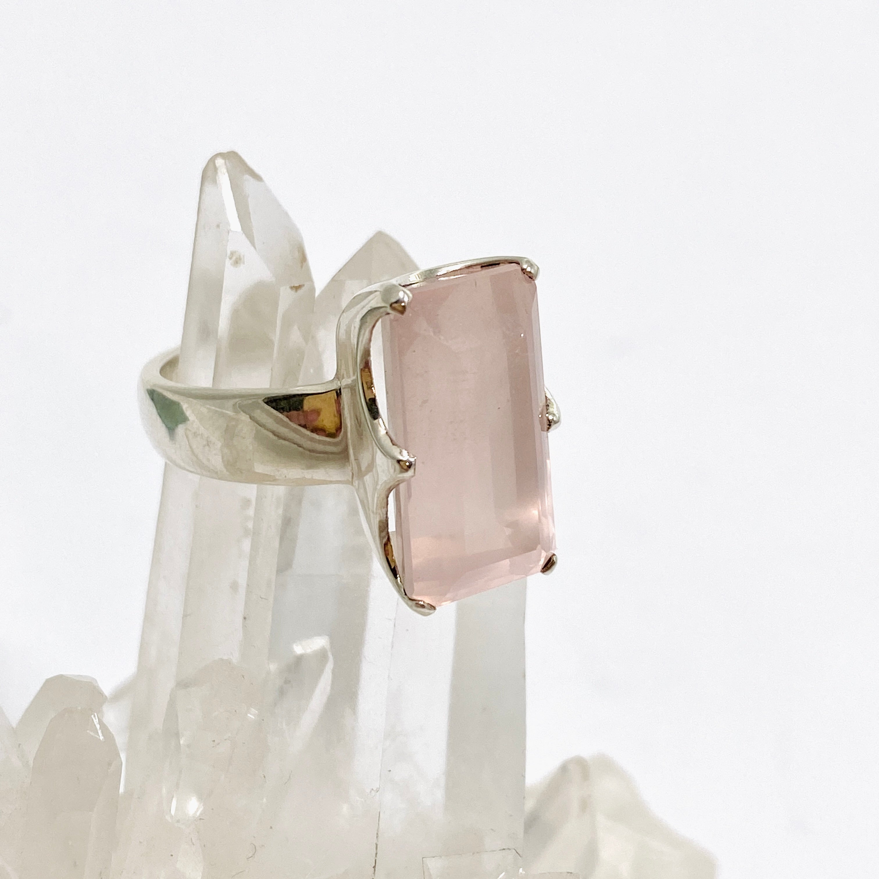 Rose Quartz Rectangular Faceted Ring Size 10.5 - PRGJ877 | Elegant Healing Crystal Jewelry for Women, Gift for Her, Wedding, Anniversary & Special Occasions