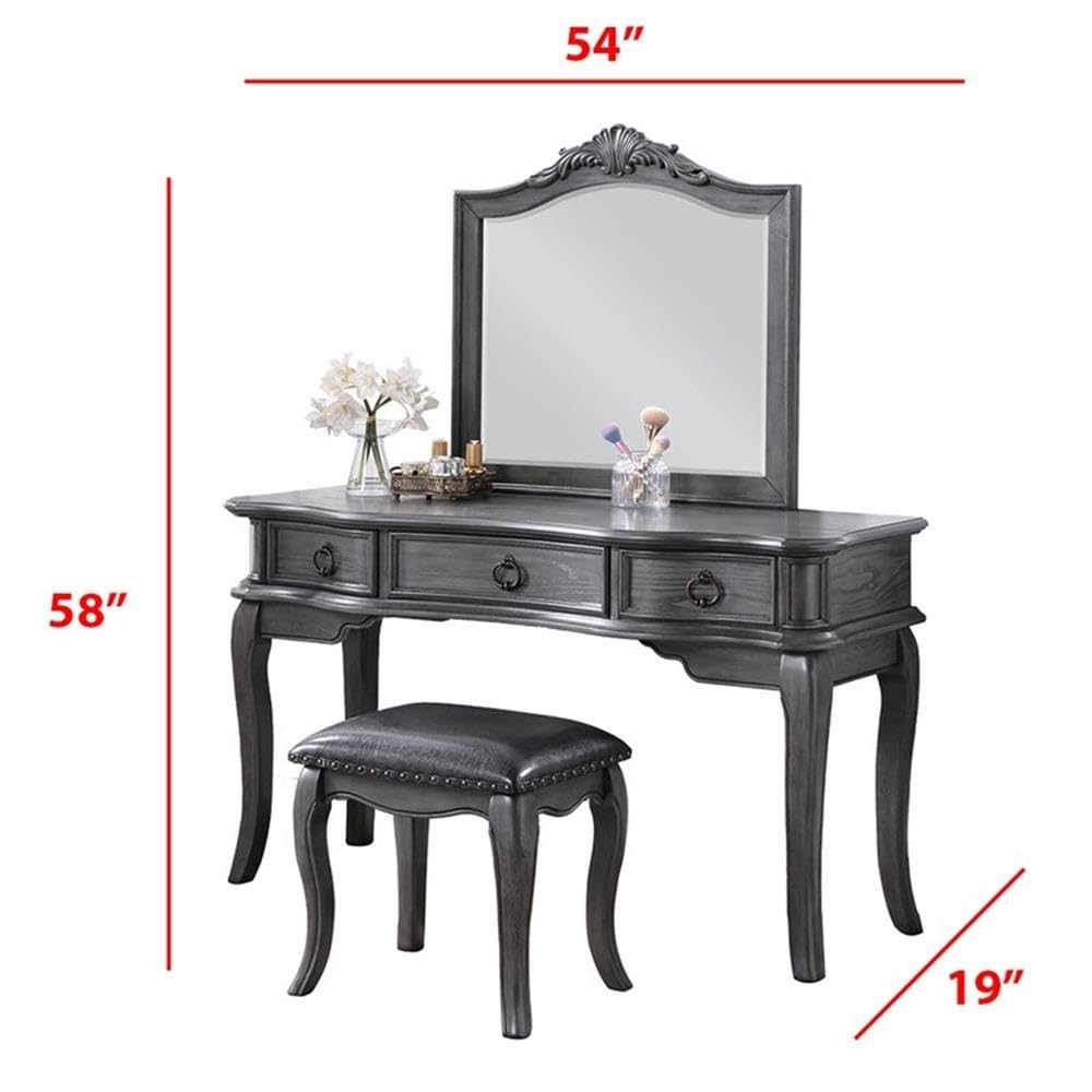 Bobkona Retro Vanity Set with Stool in Grey - Vintage Dressing Table with Mirror for Bedroom Makeup & Hair Styling