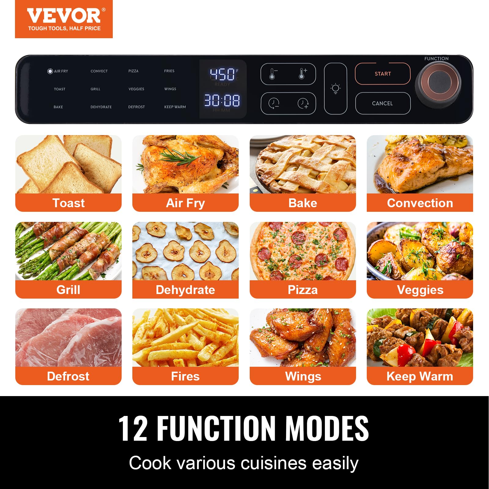 VEVOR 12-in-1 Air Fryer Toaster Oven Combo, 25L Large Capacity Convection Oven with Grill & Pizza Pan, 1700W Stainless Steel Countertop Toaster for 12 Slices Toast & 12-inch Pizza - Perfect for Home Kitchen, Small Restaurant & Commercial Use