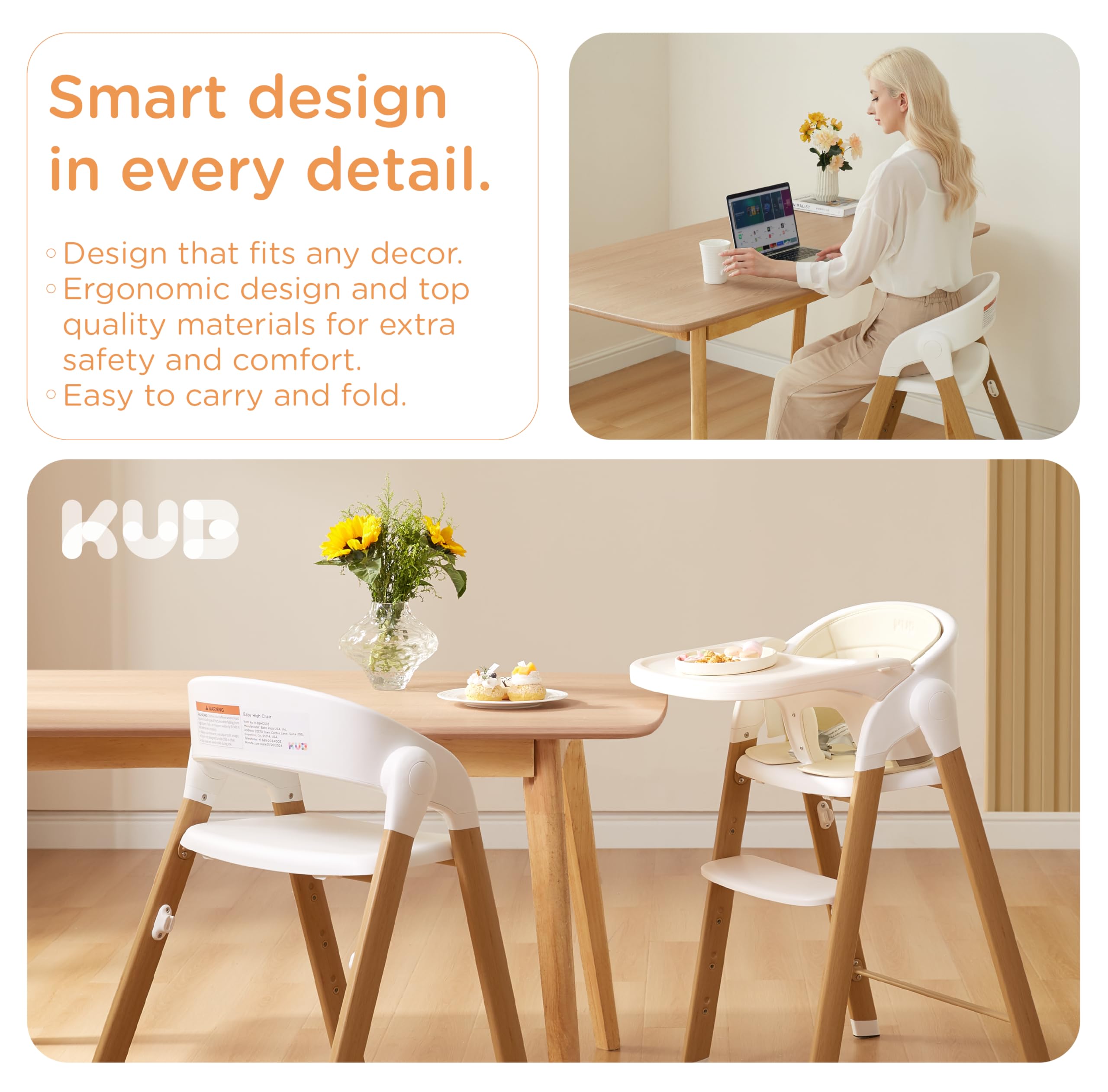 **Adjustable Convertible Baby High Chair with 5-Point Harness & Removable Tray – Foldable, Easy-Clean Wood-Printed Metal Design for Infants & Toddlers – Perfect for Dining, Feeding & Family Meals (White & Natural Wood-Printed Metal)**