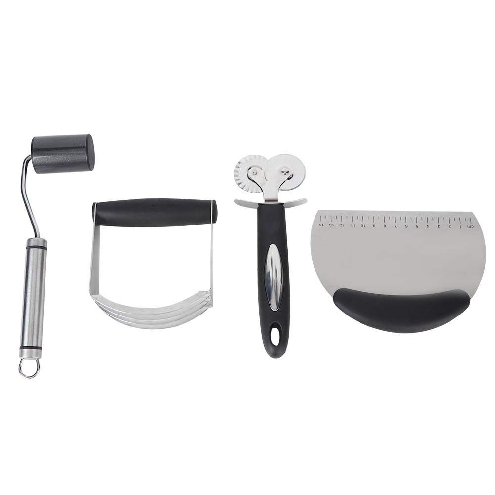 4Pcs Stainless Steel Baking Tool Set - Pastry Scraper, Pizza Cutter, Rolling Pin & Dough Blender for Home Baking, Cake Decorating & Pizza Making | Professional DIY Pastry Tools for Cookies, Pies & Bread
