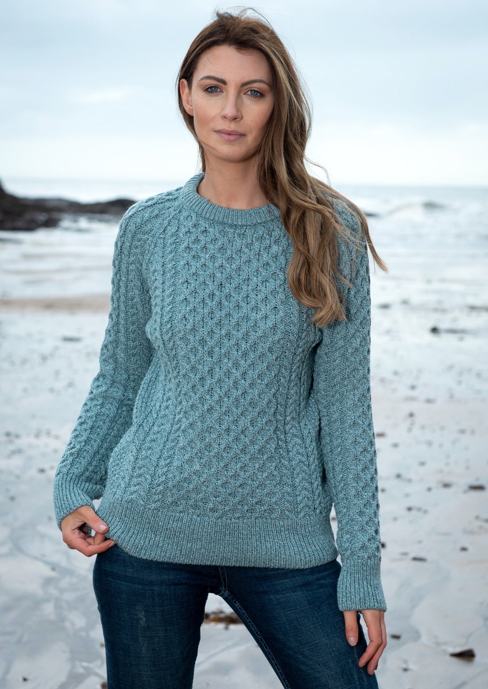 Women's Slim Fit Aran Knit Sweater - Soft Wool Pullover in Aqua Blue | Cozy Winter Wear for Casual Outings & Holiday Gatherings