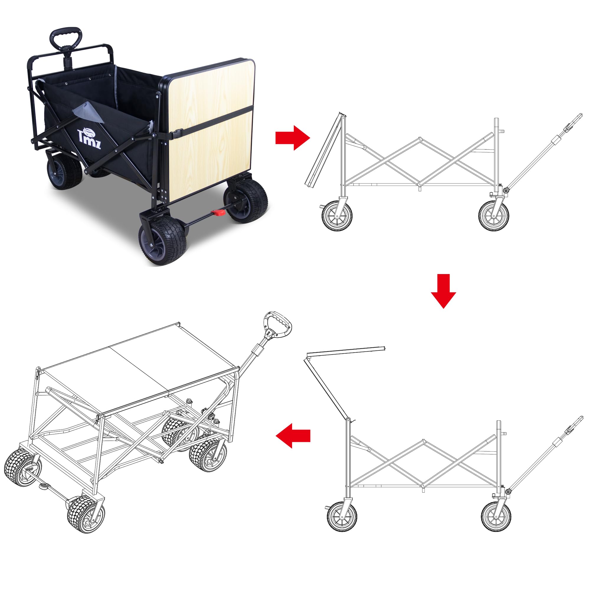 TMZ Heavy Duty All Terrain Folding Wagon Cart with Removable Table - Collapsible Utility Wagon for Camping, Beach, Garden, Shopping & Outdoor Activities | Portable for Picnics, Tailgating & Farmers Markets (Black/Grey)