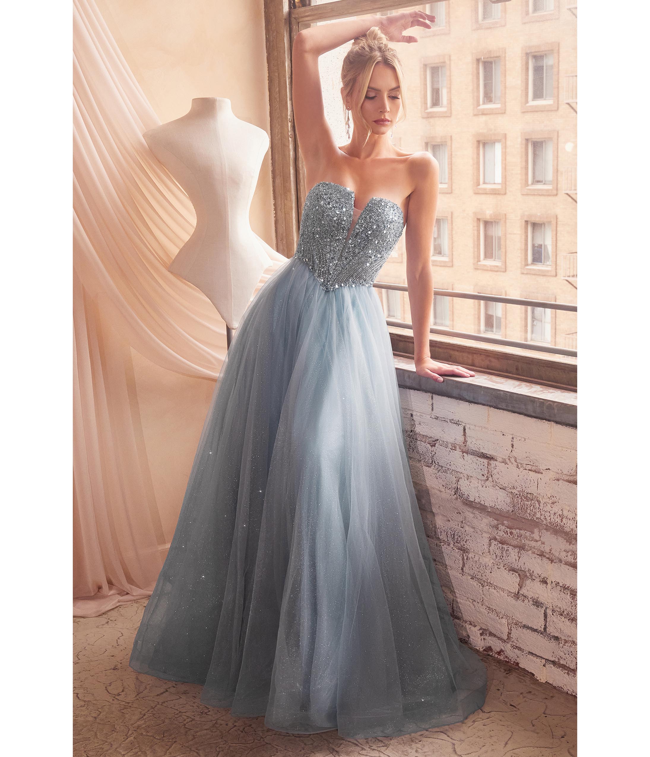 Cinderella Divine Smoky Blue Glitter Bodice & Tulle Prom Ball Gown - Ladivine Collection | Elegant Evening Gown for Prom, Homecoming, Quinceañera & Formal Events