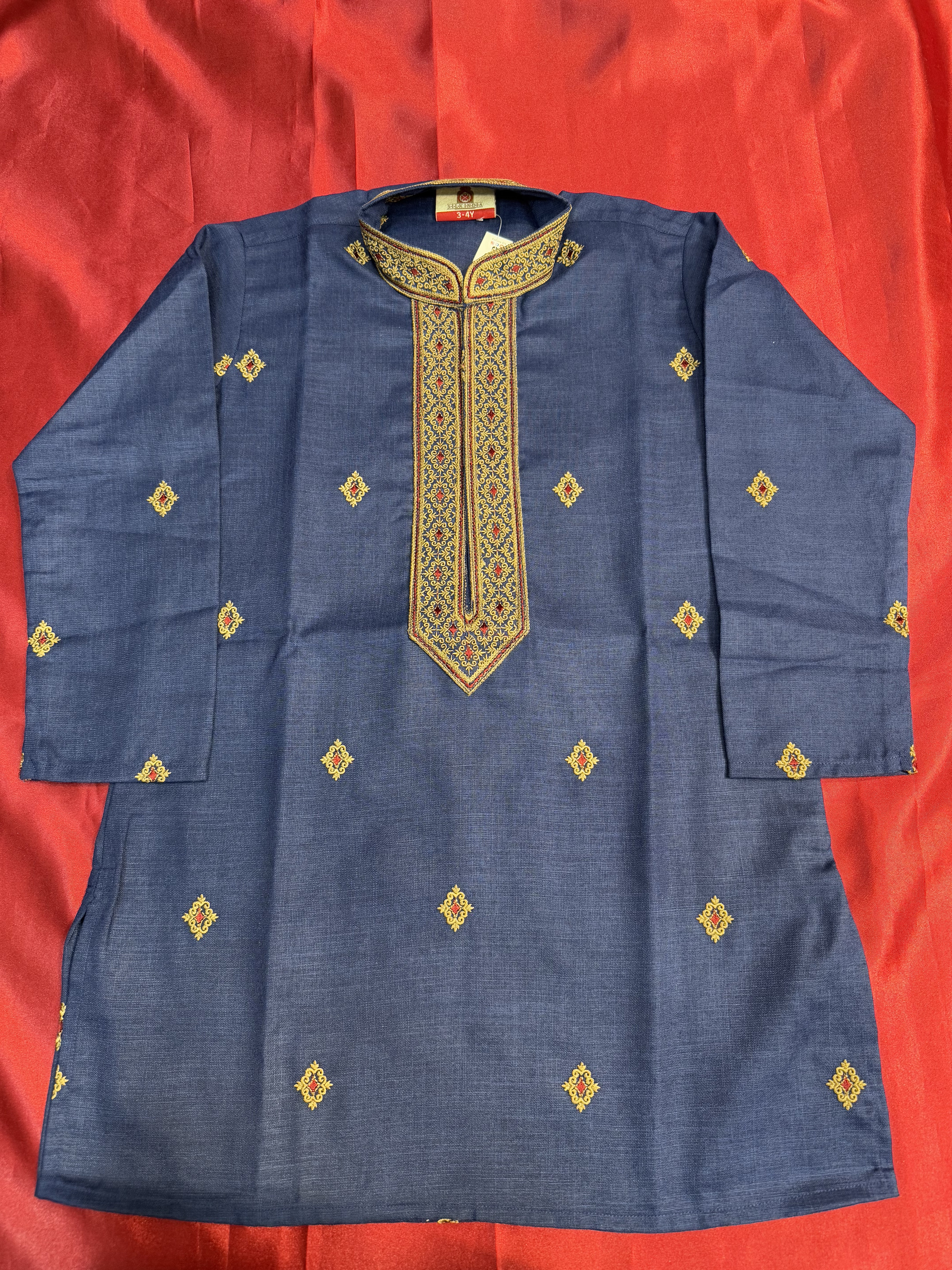 Stylish Navy Blue Poly Cotton Embroidered Kurta Set with Pajama Pants for Kids | Comfortable Ethnic Wear for Festivals, Parties & Special Occasions