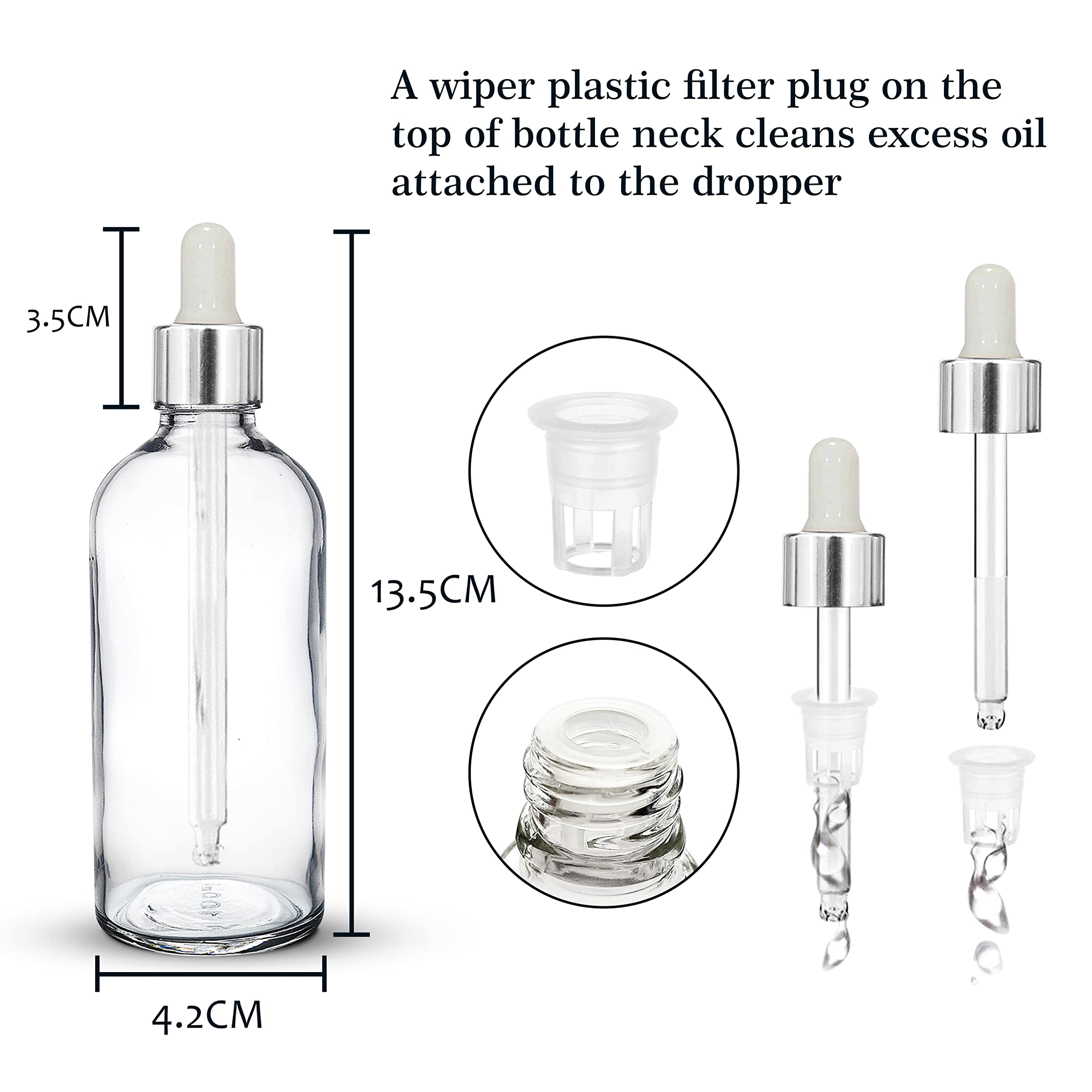 NSB Herbals 100ml Clear Round Empty Glass Bottle with Glass Dropper & Silver Ring - Refillable Essential Oil & Perfume Container (Pack of 1) | Perfect for DIY Aromatherapy, Travel Size Liquids & Homemade Beauty Products