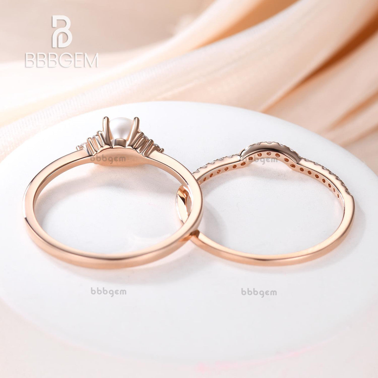 Rose Gold Pearl & Diamond Engagement Ring Set - Vintage Art Deco Bridal Stacking Rings for Women, Anniversary & Birthstone Gift (2-Piece Set) | Perfect for Weddings, Proposals & Special Occasions