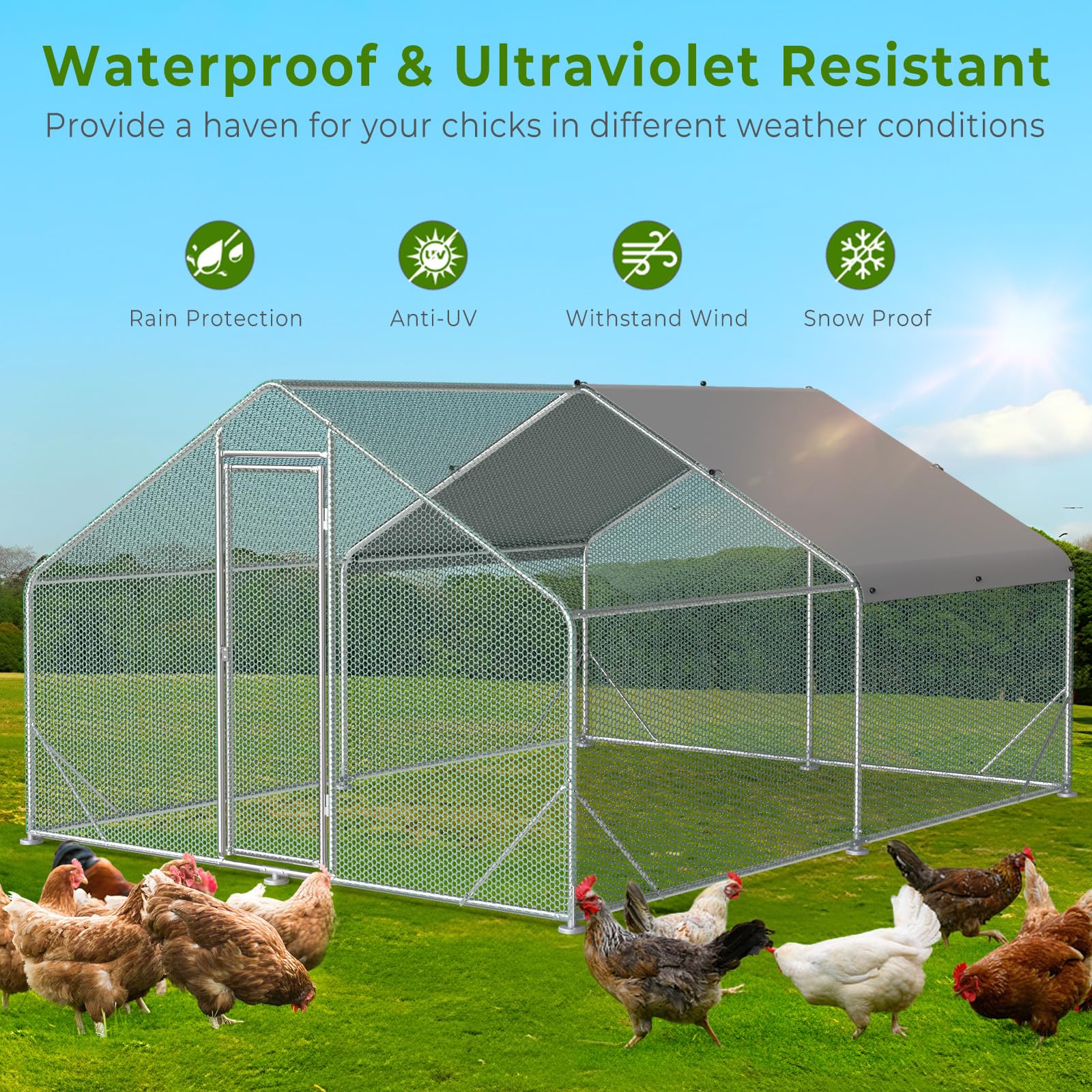 10x13FT Large Metal Chicken Run Coop - Walk-in Poultry Cage House for Backyard with Waterproof Cover | Durable Outdoor Chicken Pen for Farm, Garden & Homestead Use | Perfect for Raising Chickens, Ducks & Small Animals