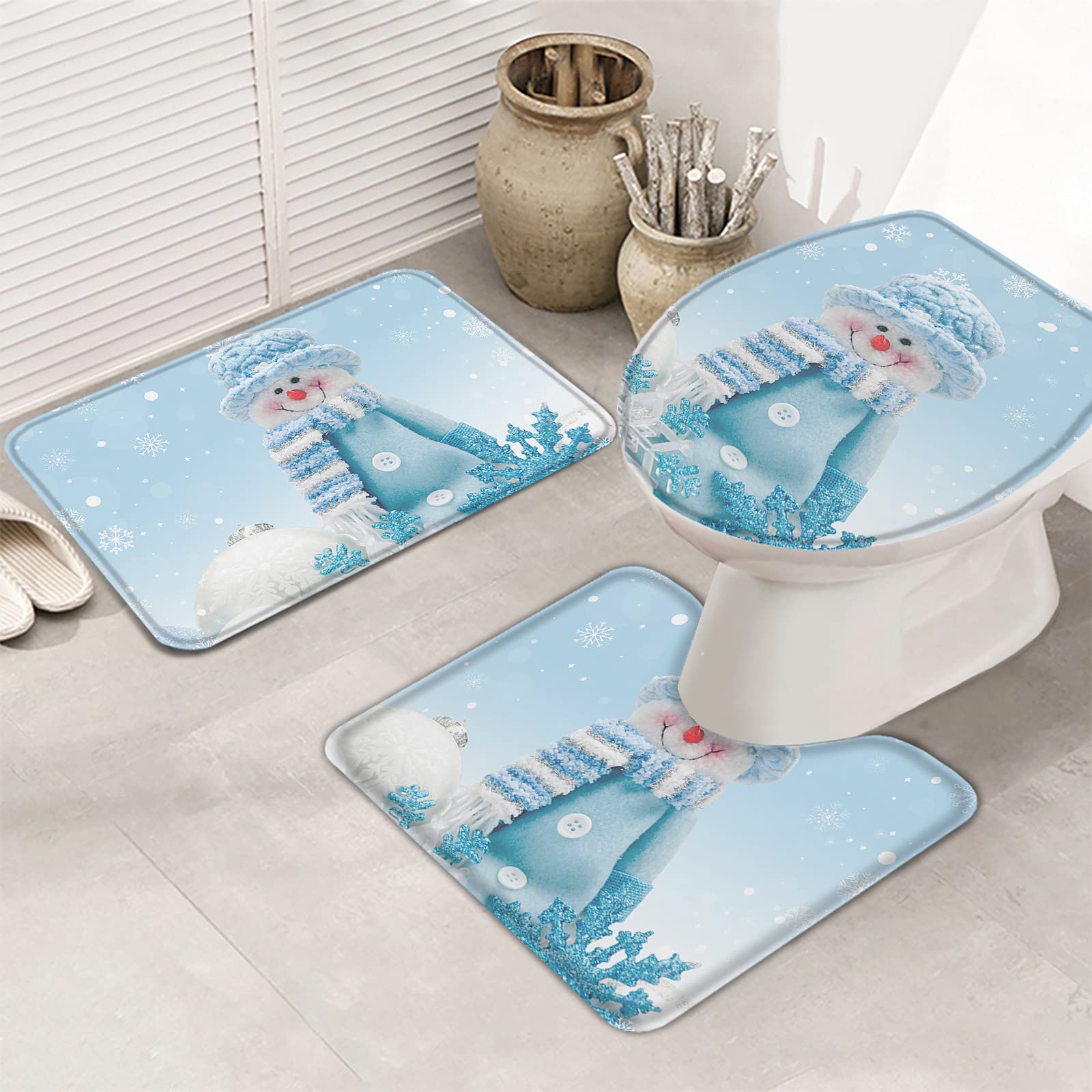 OneHoney 3-Piece Christmas Snowman Bath Rug Set - Non-Slip Bathroom Mats with Blue Scarf, Hat & Snowflake Design - U-Shaped Toilet Floor Mat & Seat Cover - Perfect for Winter Home Decor, Holiday Bathroom Upgrade & Cozy Seasonal Atmosphere