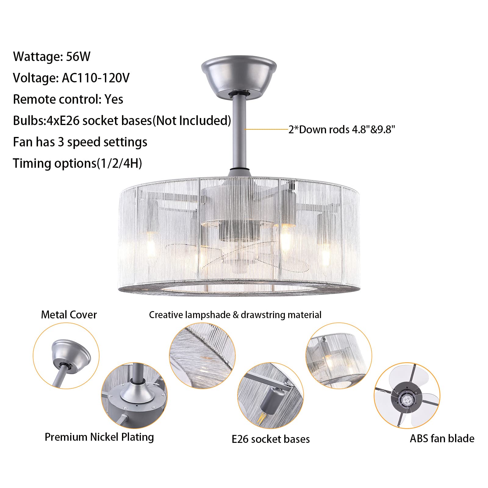 18 Inch Crystal Ceiling Fan with Light and Remote Control - Handcrafted Silver Wire Shade Caged Chandelier Fan - Modern Enclosed Ceiling Fan for Kitchen, Dining Room, Living Room - 4 x E26 Bulbs (Not Included) - Perfect for Home, Office, and Commercial Spaces