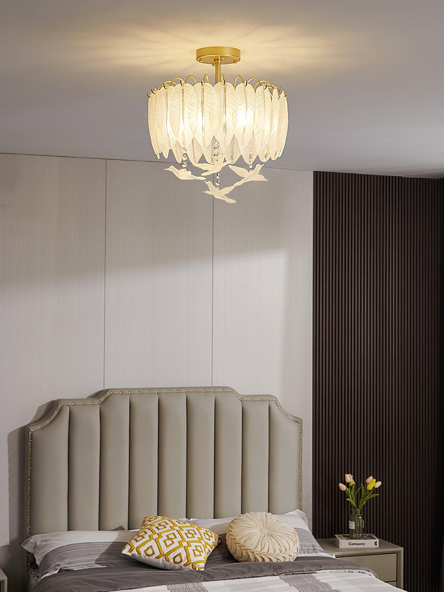 Elegant Glass Feather Ceiling Light Fixture - Modern Crystal Chandelier for Living Room, Bedroom & Dining Room Decor - Perfect for Home, Hotel and Wedding Venue Lighting