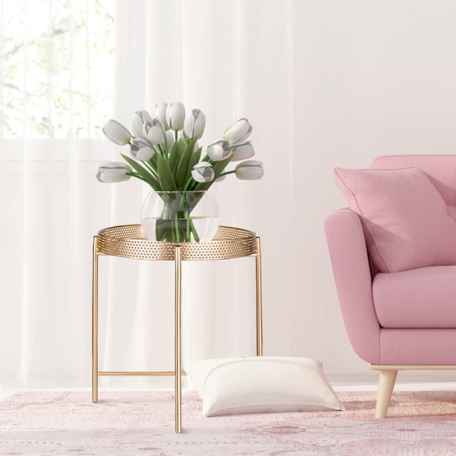 Modern Gold Round Side Table - Metal Small Nightstand with Removable Tray Top, Contemporary Accent Table for Living Room, Bedroom, Nursery & Balcony - Perfect for Coffee Storage, Bedside Organization & Home Decor