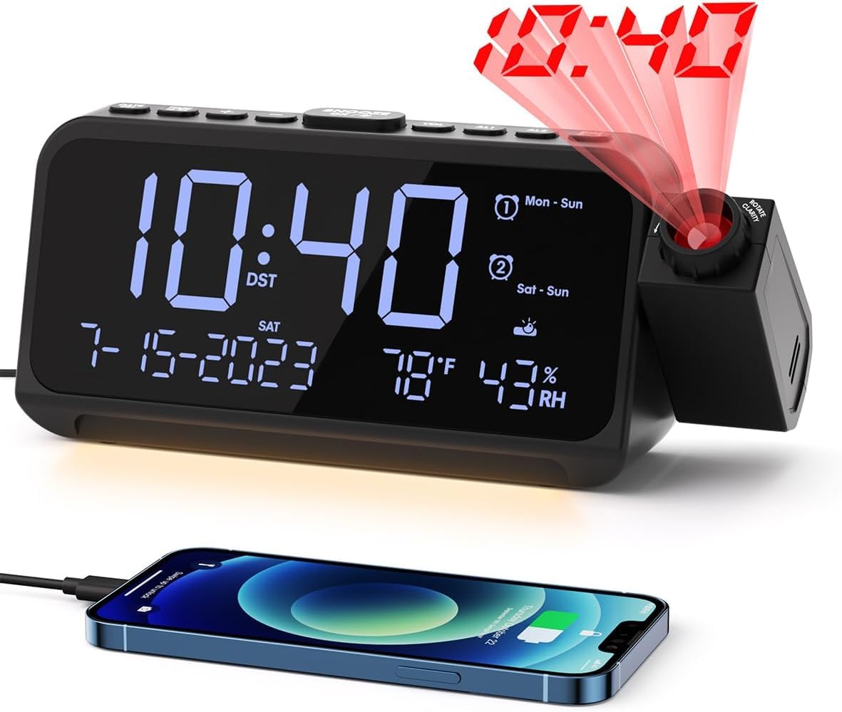 ROCAM Digital Projection Alarm Clock with 180° Ceiling/Wall Display - Dual Alarm, Temperature & Humidity Sensor, 2 USB Ports, Adjustable Brightness for Bedrooms | Perfect for Home, Office, Dorm Room with Weekday/Weekend Mode & Snooze Function