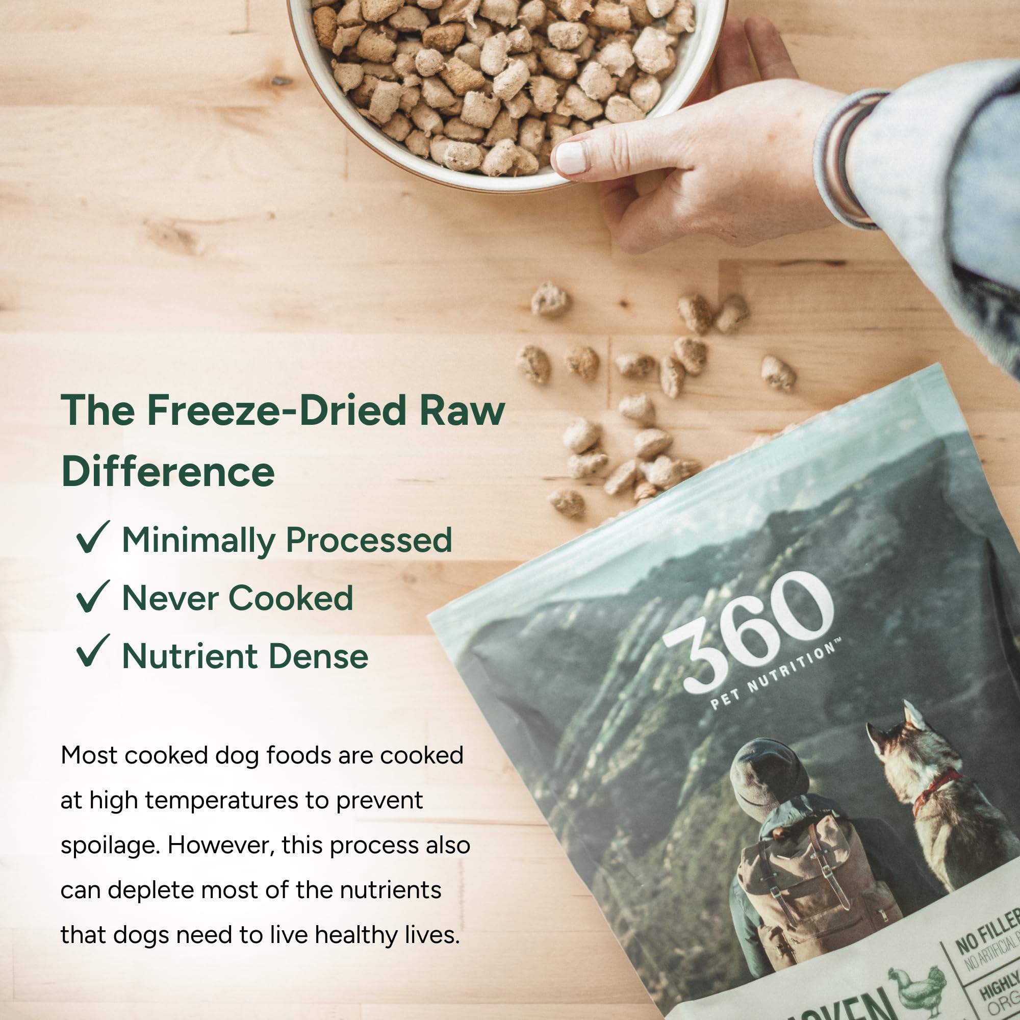 360 Pet Nutrition Freeze-Dried Raw Dog Food - High Protein Chicken Recipe with Liver, Heart, Fruits & Veggies | Grain-Free, No Fillers | 16 oz Kibble for Small & Large Dogs | Perfect for Training, Travel & Daily Meals