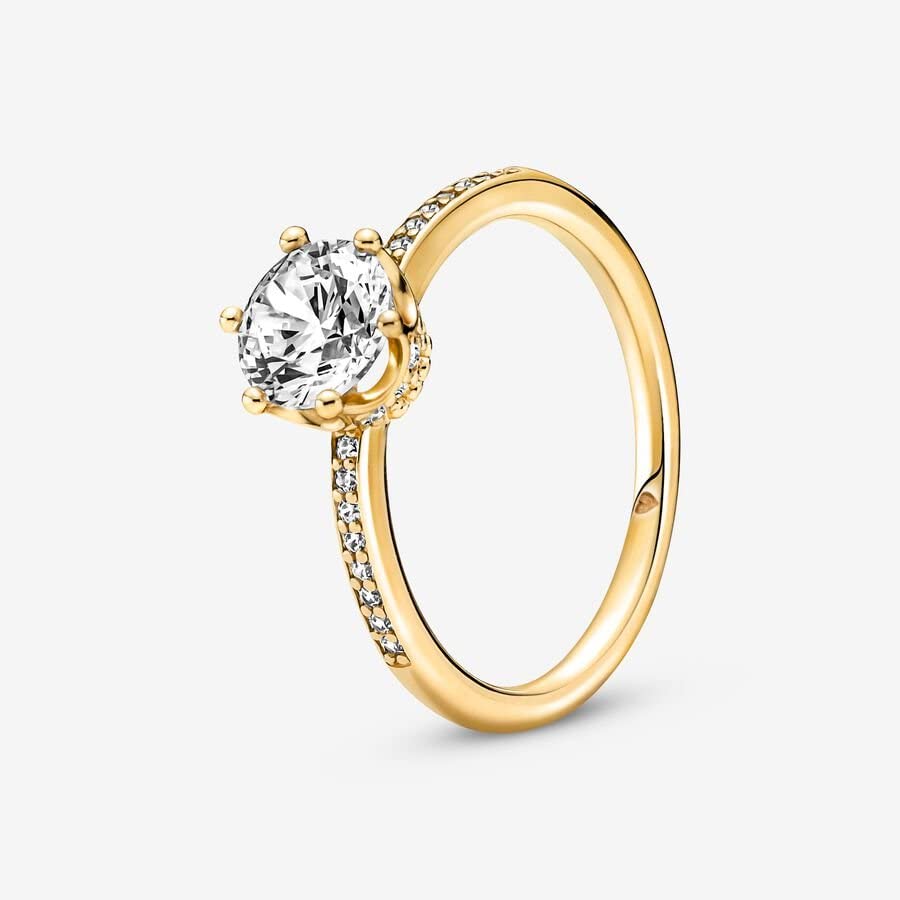 PANDORA Clear Sparkling Crown Solitaire Ring 14k Gold-Plated Cubic Zirconia Ring for Women - Elegant Jewelry Gift for Her with Gift Box - Perfect for Anniversaries, Birthdays & Special Occasions
