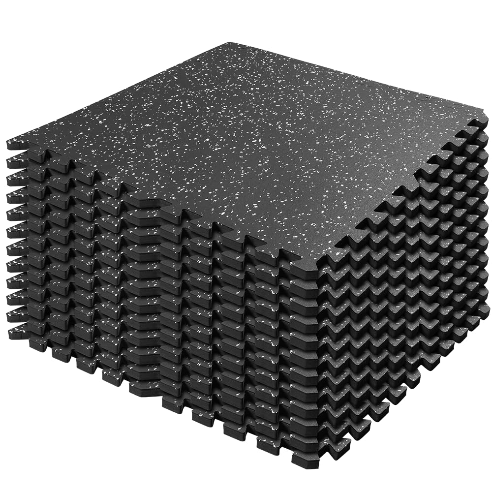 0.56in Thick 48 Sq Ft Interlocking Gym Flooring Tiles - Rubber Top with EVA Foam for Home Gym, Workout & Fitness Room - 12 Pack Exercise Equipment Mats for Shock Absorption & Noise Reduction | Perfect for Weightlifting, Yoga, Cardio & Home Workouts