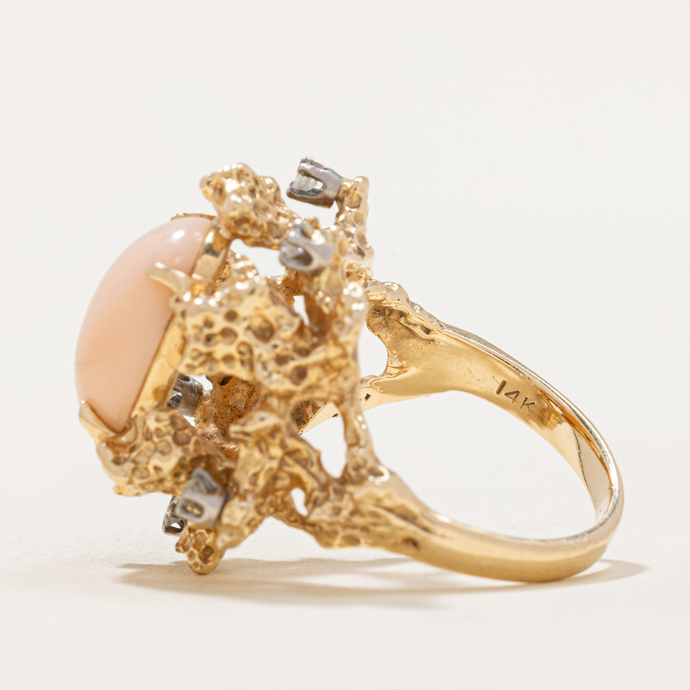 Elegant Pink Coral & Diamond Cocktail Ring - 4.25ct Natural Coral with 0.12ctw Diamonds - Size 7.25 - Perfect for Evening Parties, Weddings & Special Occasions