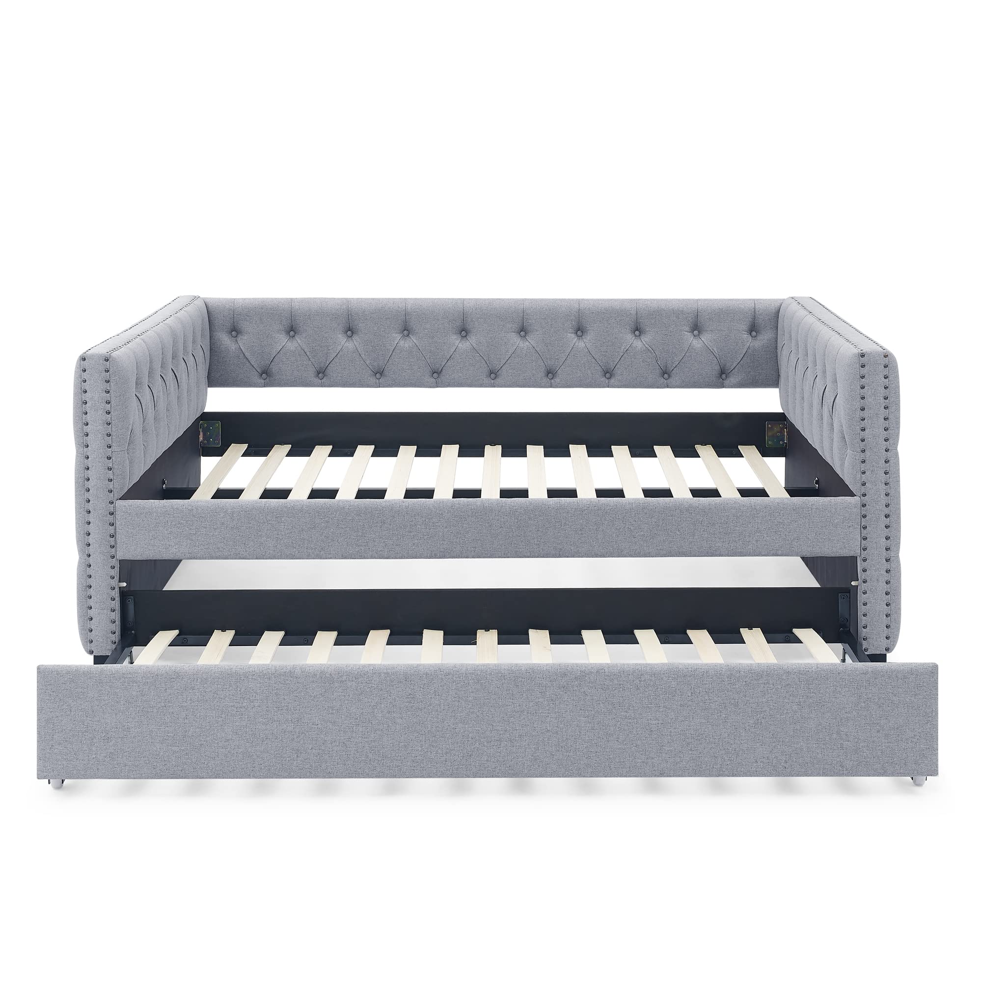 Upholstered Full Size Daybed with Twin Trundle - Button Tufted Sofa Bed with Copper Nail Accents & Wood Slat Support - Grey - Perfect for Guest Rooms, Small Spaces & Multi-Functional Living Areas