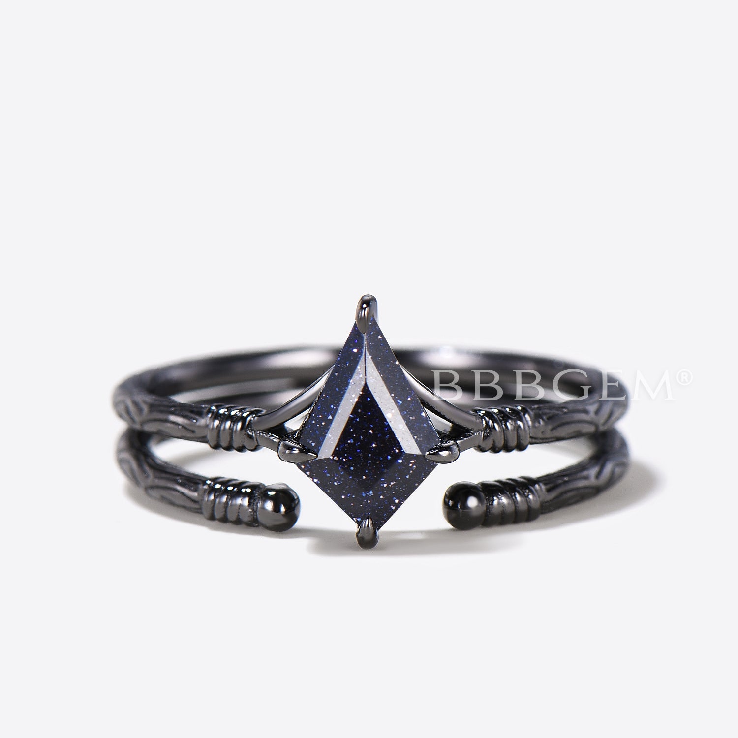 Blue Sandstone Engagement Ring Set - Kite Cut Solitaire Open Cuff Bridal Jewelry for Wedding & Anniversary Gifts