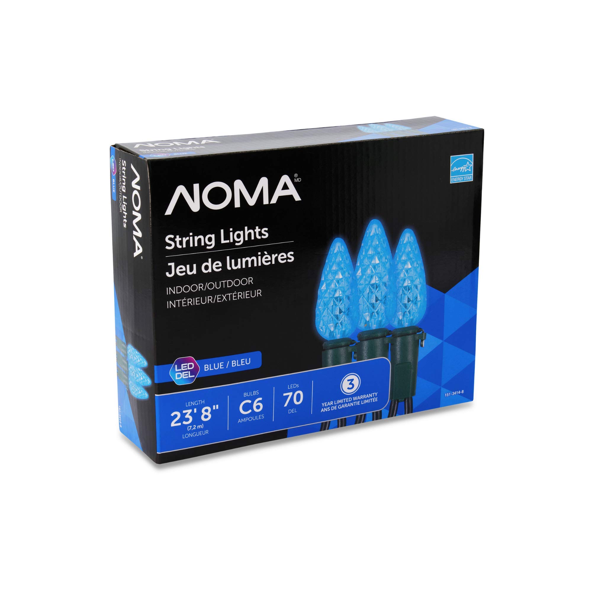 Noma C6 LED Christmas Lights - 70 Blue Bulbs, 23.8 Ft. String Lights, UL Certified for Indoor & Outdoor Use - Perfect for Holiday Decorations, Christmas Trees, and Patio Lighting