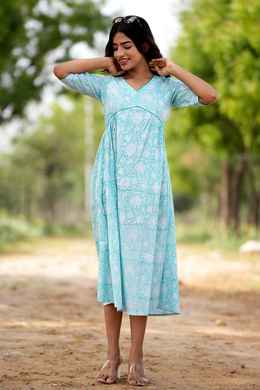 Handmade Sapphire Surf Handblock Printed Cotton Dress - Boho Chic Summer Beach Dress for Women, Perfect for Vacations, Parties & Casual Outings