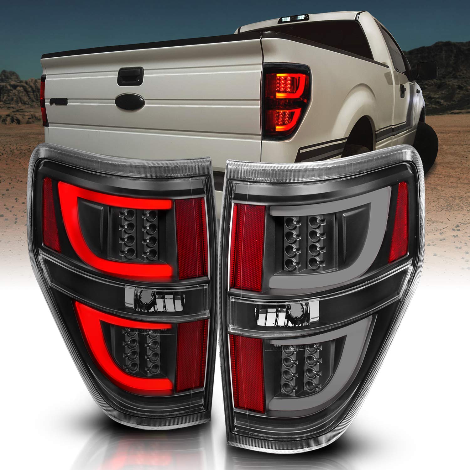 AmeriLite LED Light Bar Replacement Car Tail Lights Set for 2009-2014 Ford F-150 - Passenger & Driver Side, Vehicle Light Assembly, Black - Perfect for Night Driving & Off-Road Adventures